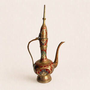 Vintage Indian Brass Pitcher Hand Painted Enamel Floral Decor Ivory Palace